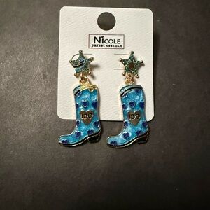 Nicole Blue Heart Cowboy Boot Dangle Earrings with Gold Accents